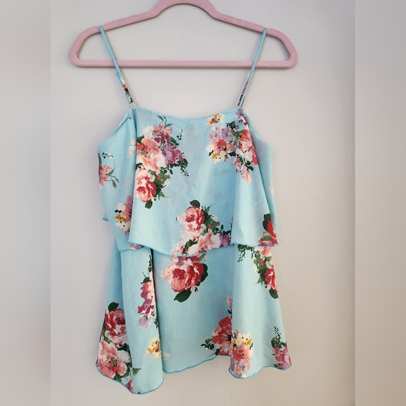 Peach Love California Blue Floral Frill Tank Top Spaghetti Straps Medium NWOT - Picture 2 of 8
